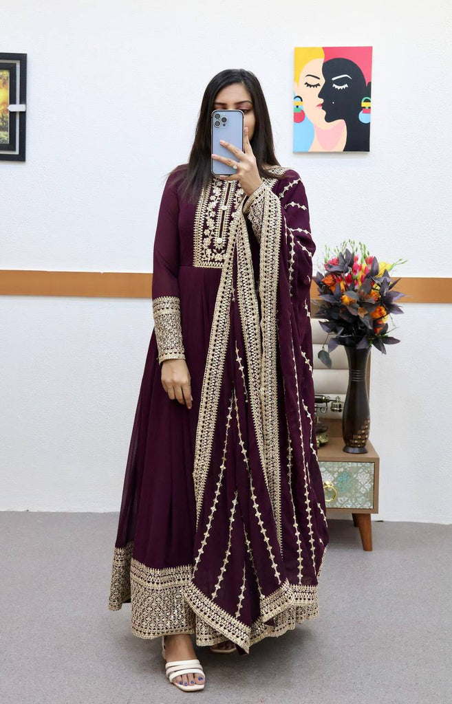 Wine Anarkali Gown in Faux Georgette with Embroidery Work Clothsvilla