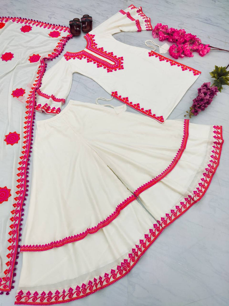 Pink Thread Work Off White Color Top With Sharara Clothsvilla