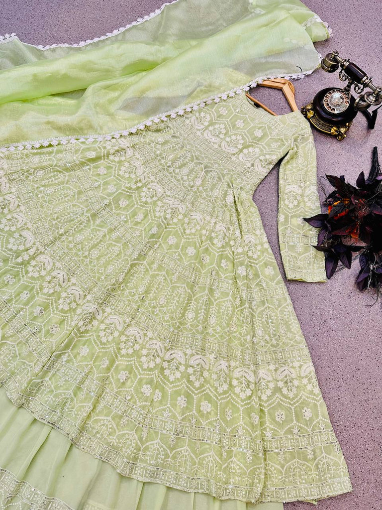 Pista Green Lehenga Suit in Faux Georgette with Heavy Embroidery Clothsvilla
