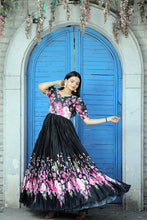 Load image into Gallery viewer, Rich Digital Print Black Color Crush Pleating Gown Clothsvilla