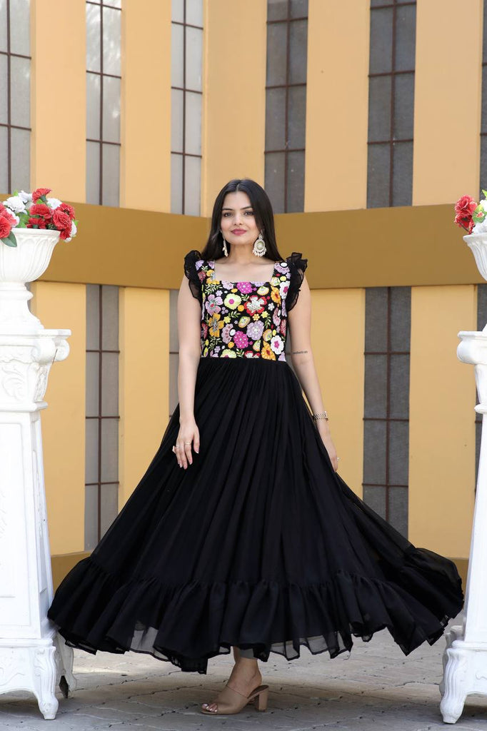 Party Wear Black Color Embroidered work Gown Clothsvilla