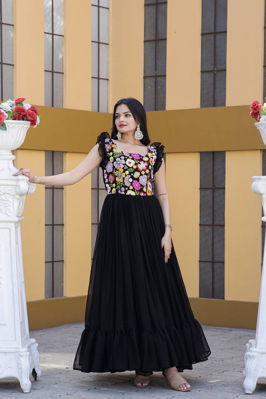 Party Wear Black Color Embroidered work Gown S