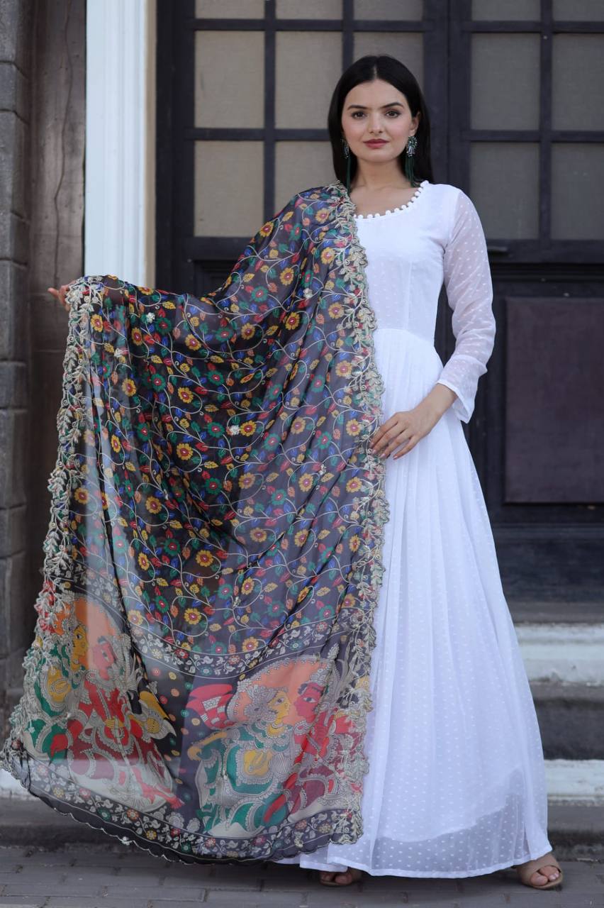 dresses with organza dupatta Blue Satin Maxi Gown With Organza Dupatta | ADFY-DEVSMG-001