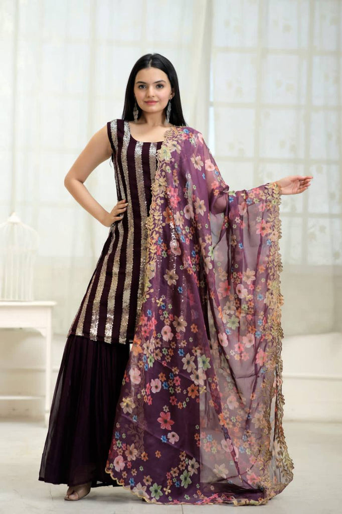 Wonderful Wine Color Embroidery Work Sharara Suit