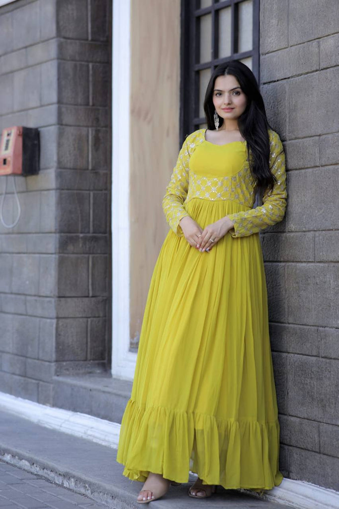 Wedding Wear Yellow Color Embroidered Work Gown
