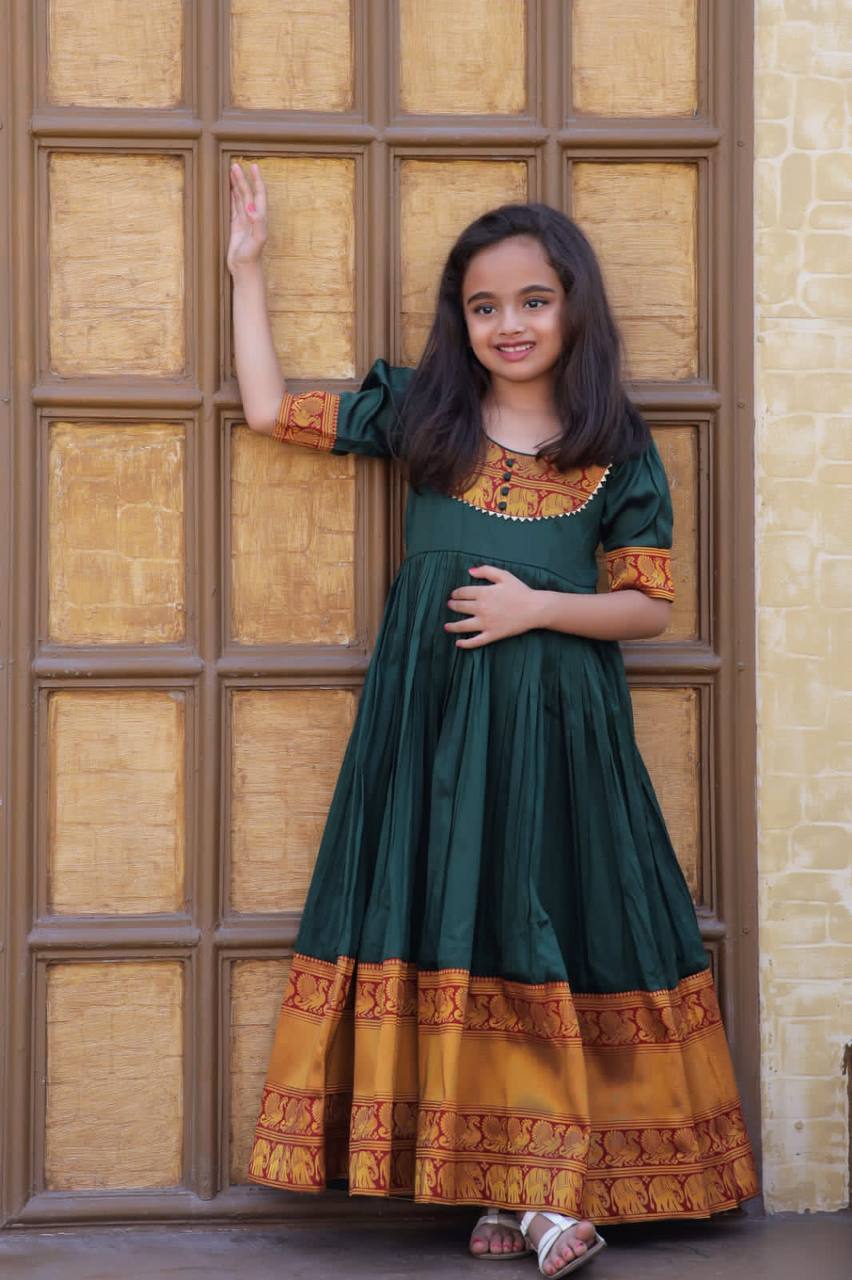 Fairy Look Jacquard Work Green Color Gown For Girls 5 Years