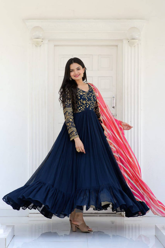 Occasion Wear Navy Blue Color Embroidered Work Gown