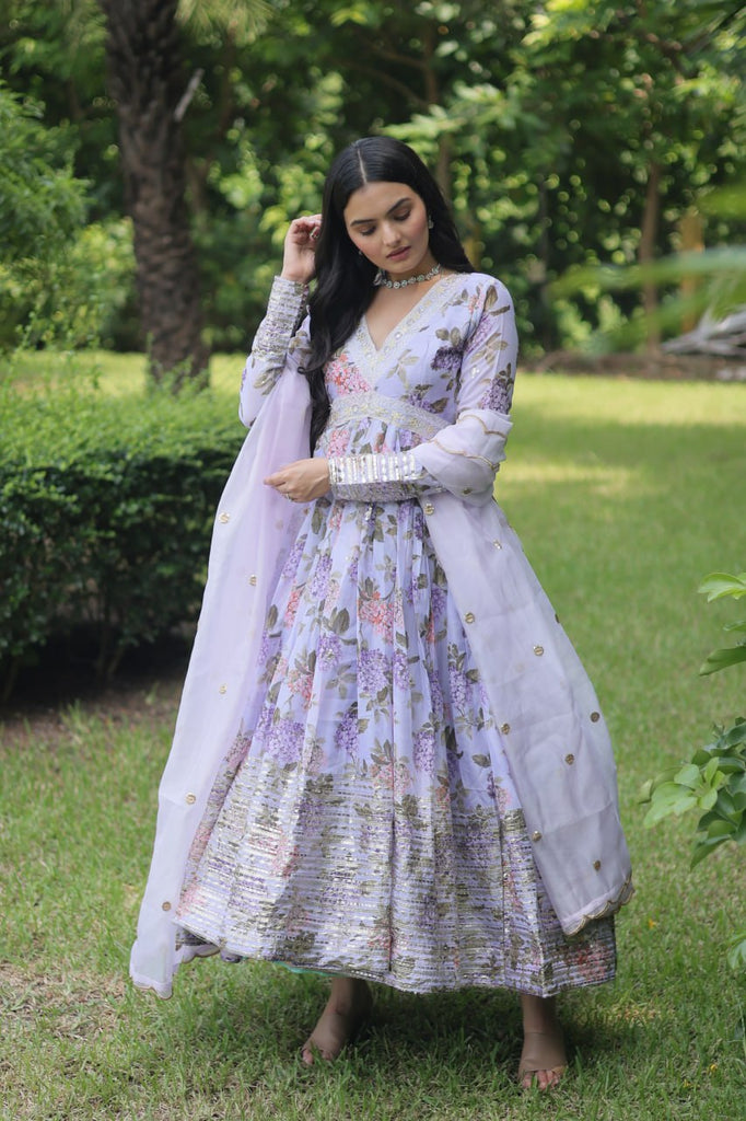 Lavender Color Digital Print With Embroidery Work Anarkali Gown Clothsvilla