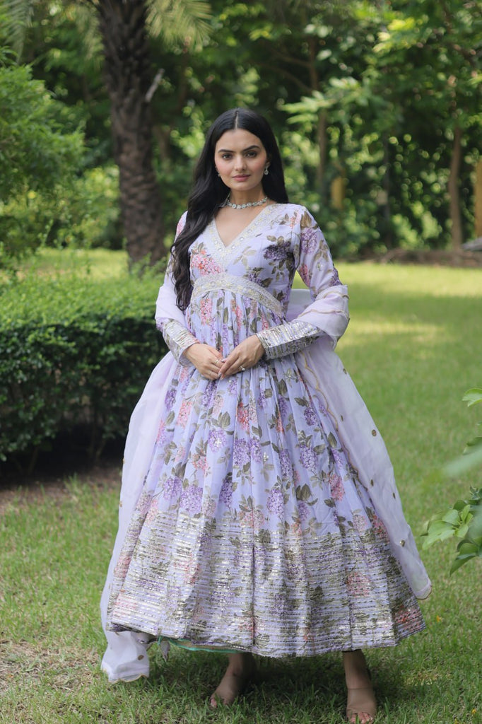 Lavender Color Digital Print With Embroidery Work Anarkali Gown Clothsvilla