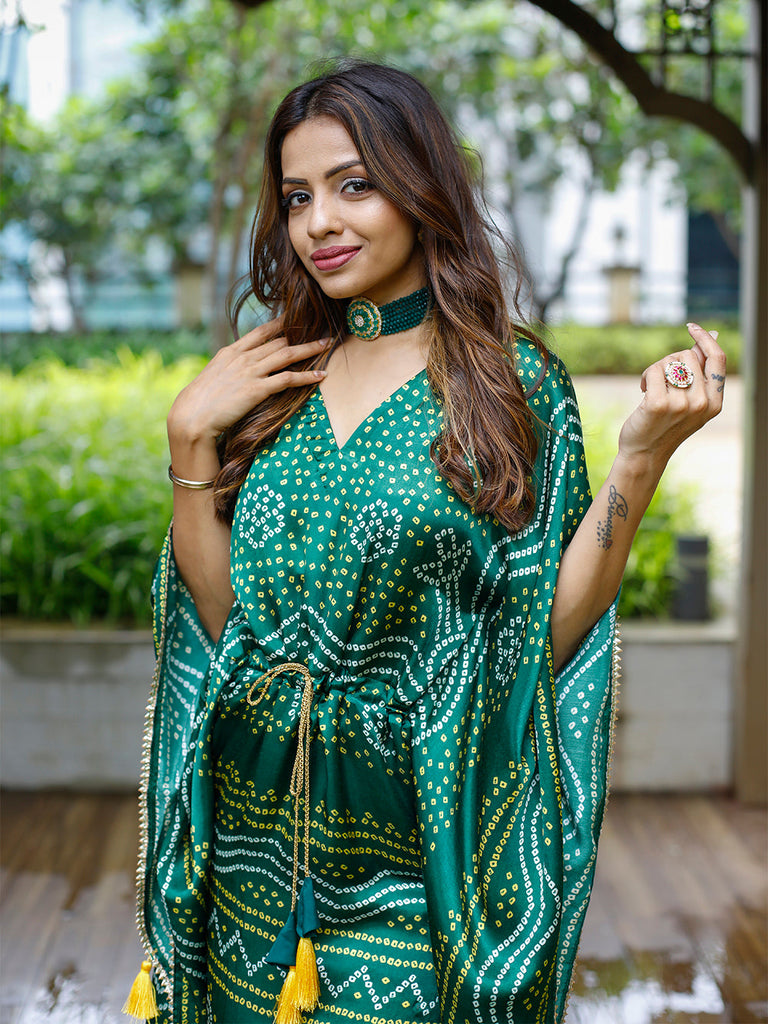 Green Color Digital Bandhej Printed Pure Gaji Silk Kaftan Clothsvilla