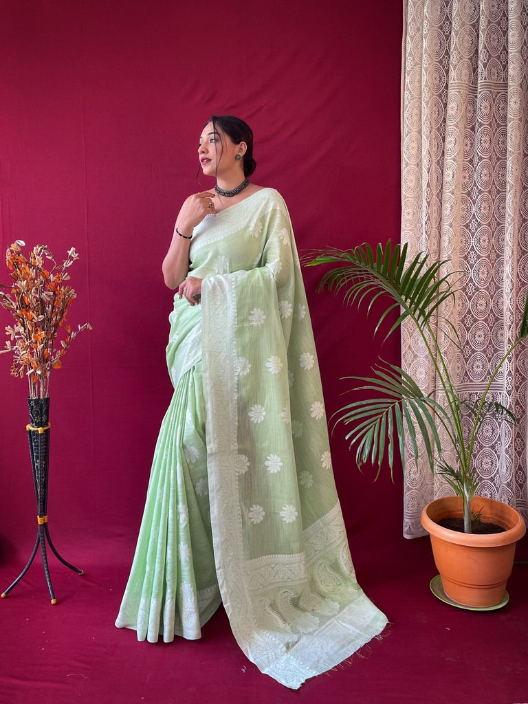 Pure Linen Lucknowi Woven Saree Light Green Clothsvilla