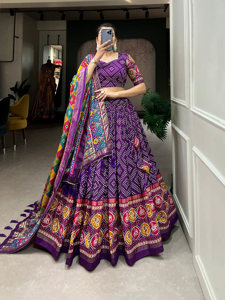 Purple Color Bandhej And Patola Print With Foil Work Tussar Silk Lehnga Choli Clothsvilla