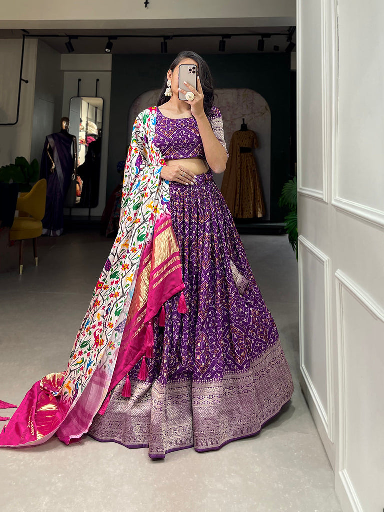 Purple Color Printed With Zari Weaving Work Viscose Dola Silk Lehenga Choli Clothsvilla