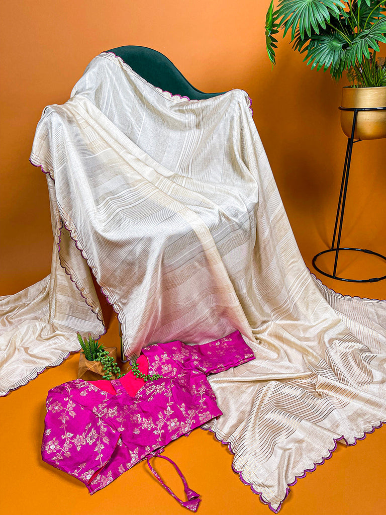 Rani Pink Color Arca Work Manipuri Tussar Saree Clothsvilla