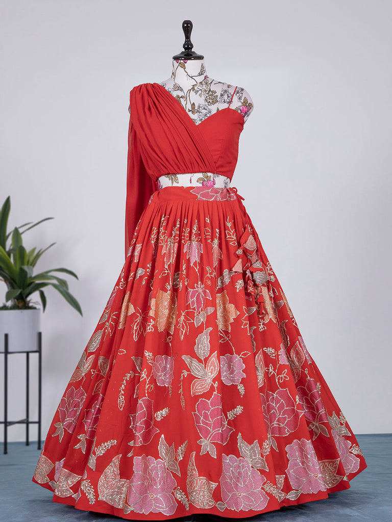 Red Color Sequins And Thread Embroidery Work Georgette Lehenga Choli Clothsvilla
