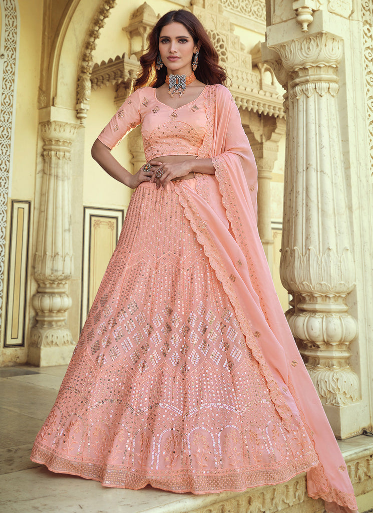 Sangeet Lehenga Choli Thread Faux Georgette In Pink Clothsvilla