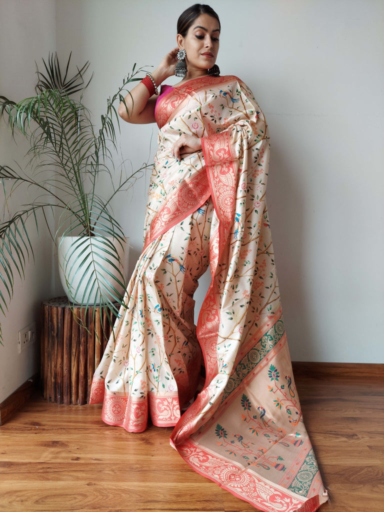 Gala Floral Printed Paithani Woven Saree Pearl Clothsvilla