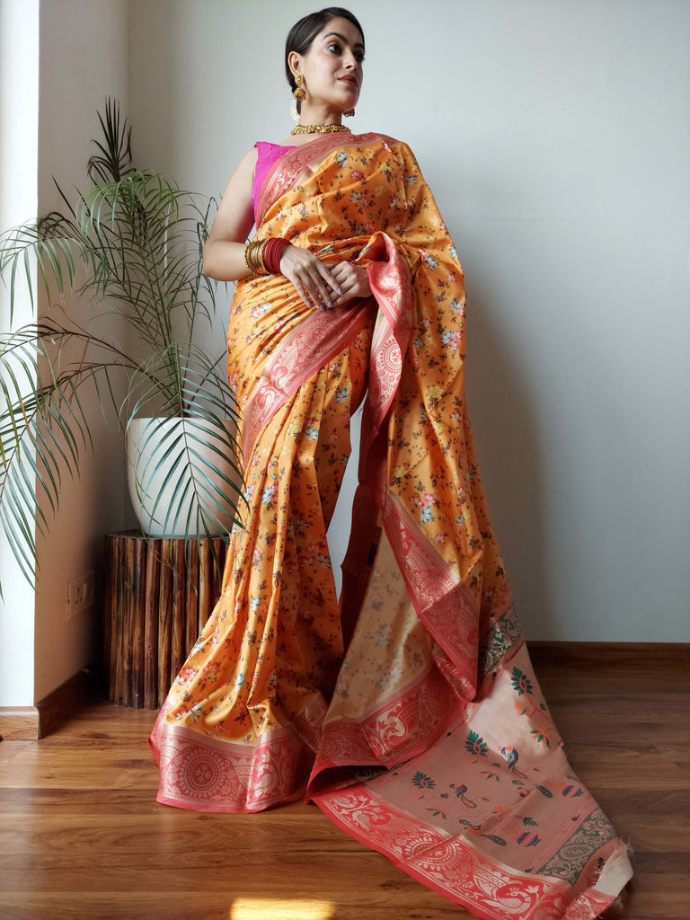 Gala Floral Printed Paithani Woven Saree Tiger Orange Clothsvilla