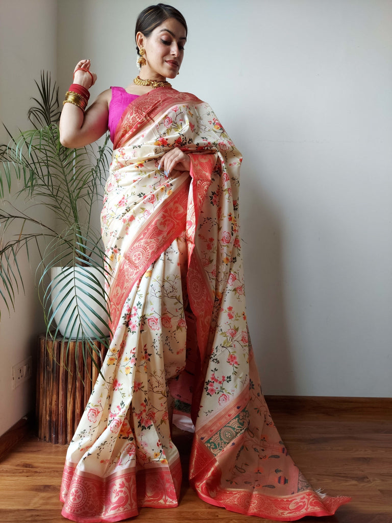 Gala Floral Printed Paithani Woven Saree White Rock Clothsvilla