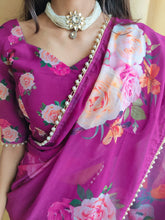 Load image into Gallery viewer, Purple Color Printed With Peral Lace Border Georgette Fancy Saree Clothsvilla
