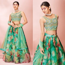 Load image into Gallery viewer, Turquoise Embellished With Printed Organza Lehenga Choli Clothsvilla