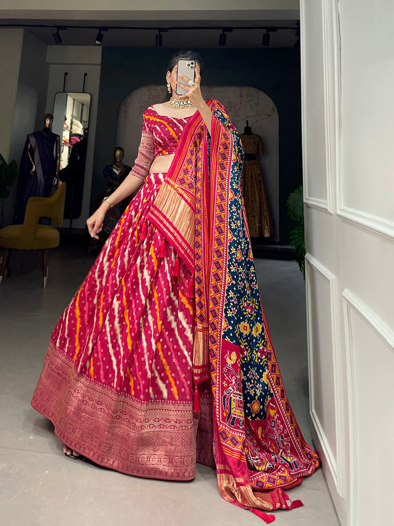 Rani Pink Color Printed With Zari Weaving Work Viscose Dola Silk Lehenga Choli Clothsvilla