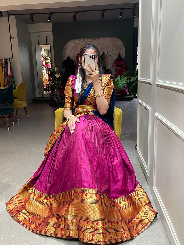 Pink Color Zari Weaving Work Narayan Pet Cotton South Indian Lehenga Clothsvilla