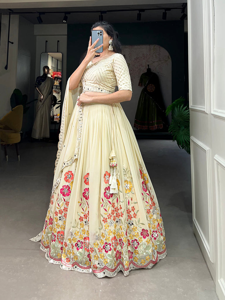 Off White Color Sequins And Embroidery With Original Mirror Work Georgette Lehenga Choli Clothsvilla