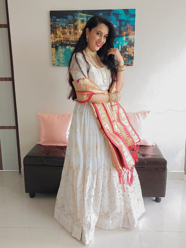 White Color Lucknowi Sequins & Paper Mirror Work Georgette Lehenga Choli Sets Clothsvilla