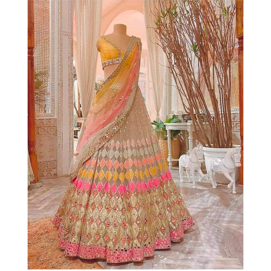 Multi Colored Butterfly Net Mirror Work Lehenga Choli on clothsvilla.com - ClothsVilla.com
