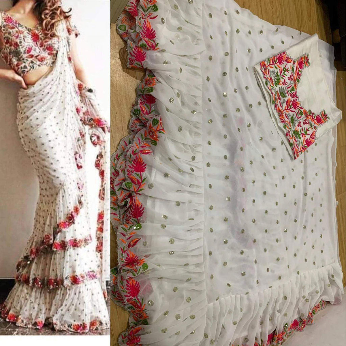 White georgette ruffle saree for elegant Tulsi Vivah outfit inspiration