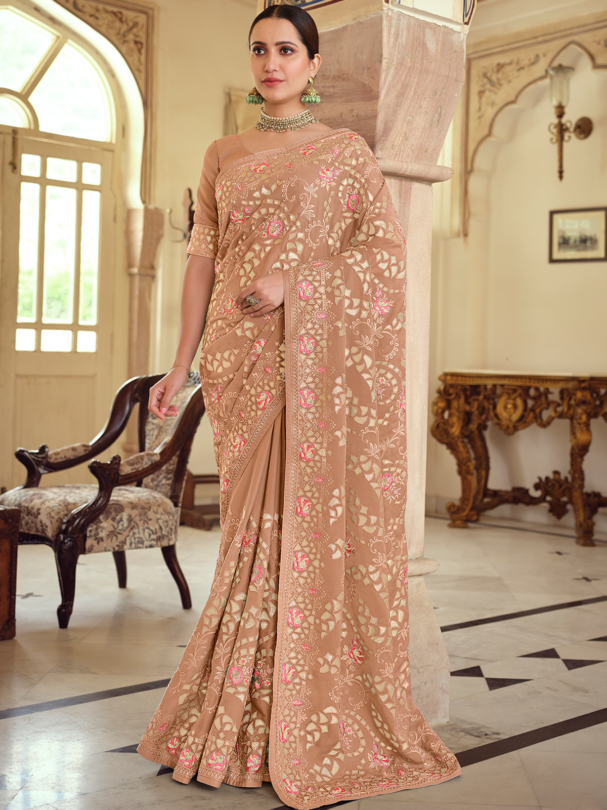 Modern ethnic wear 2026 brown satin georgette saree