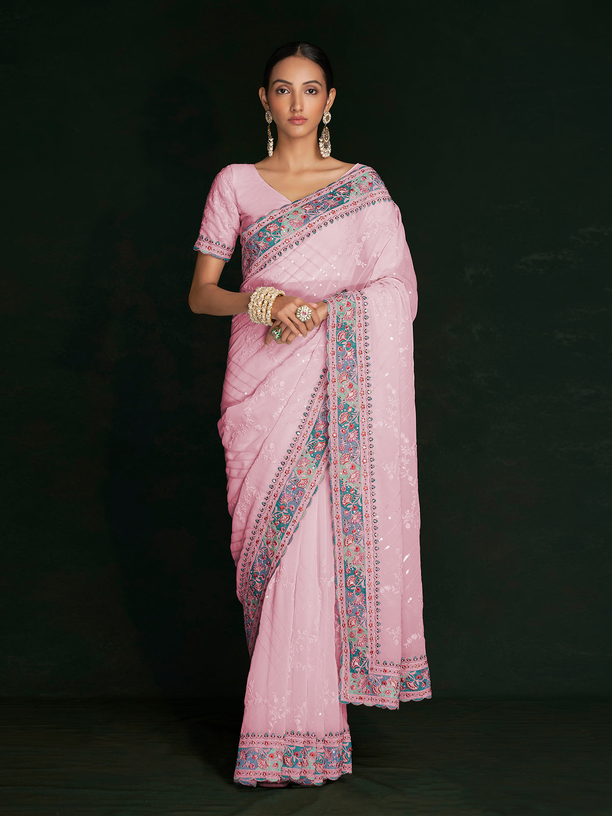 Pink saree party wear georgette embroidery evening styling