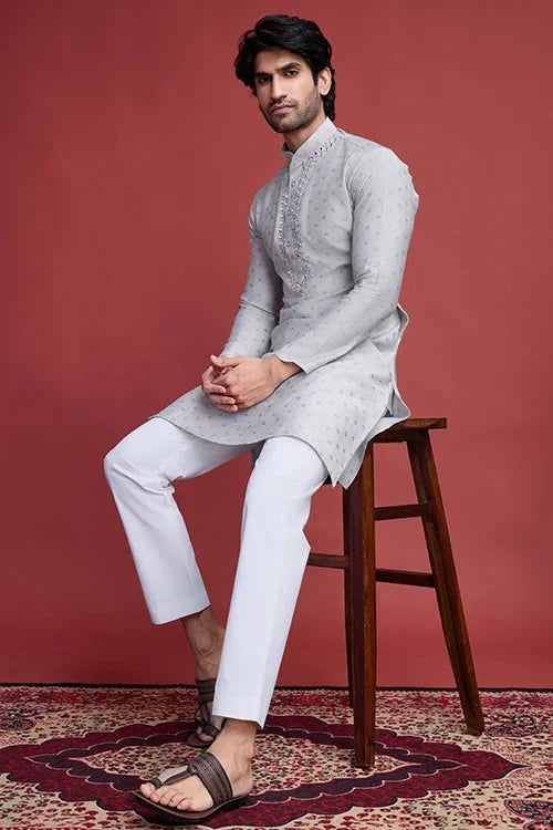 Beige viscose mirror work kurta for men 2026