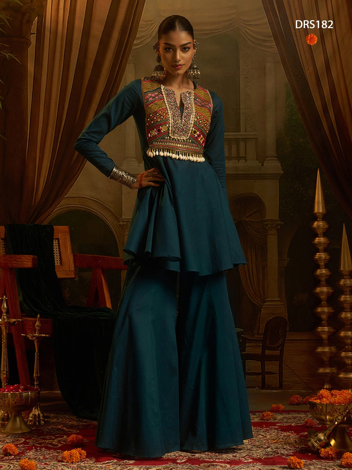 Peacock teal Mul cotton Navratri outfit for realistic AI Garba virtual try-on prompts