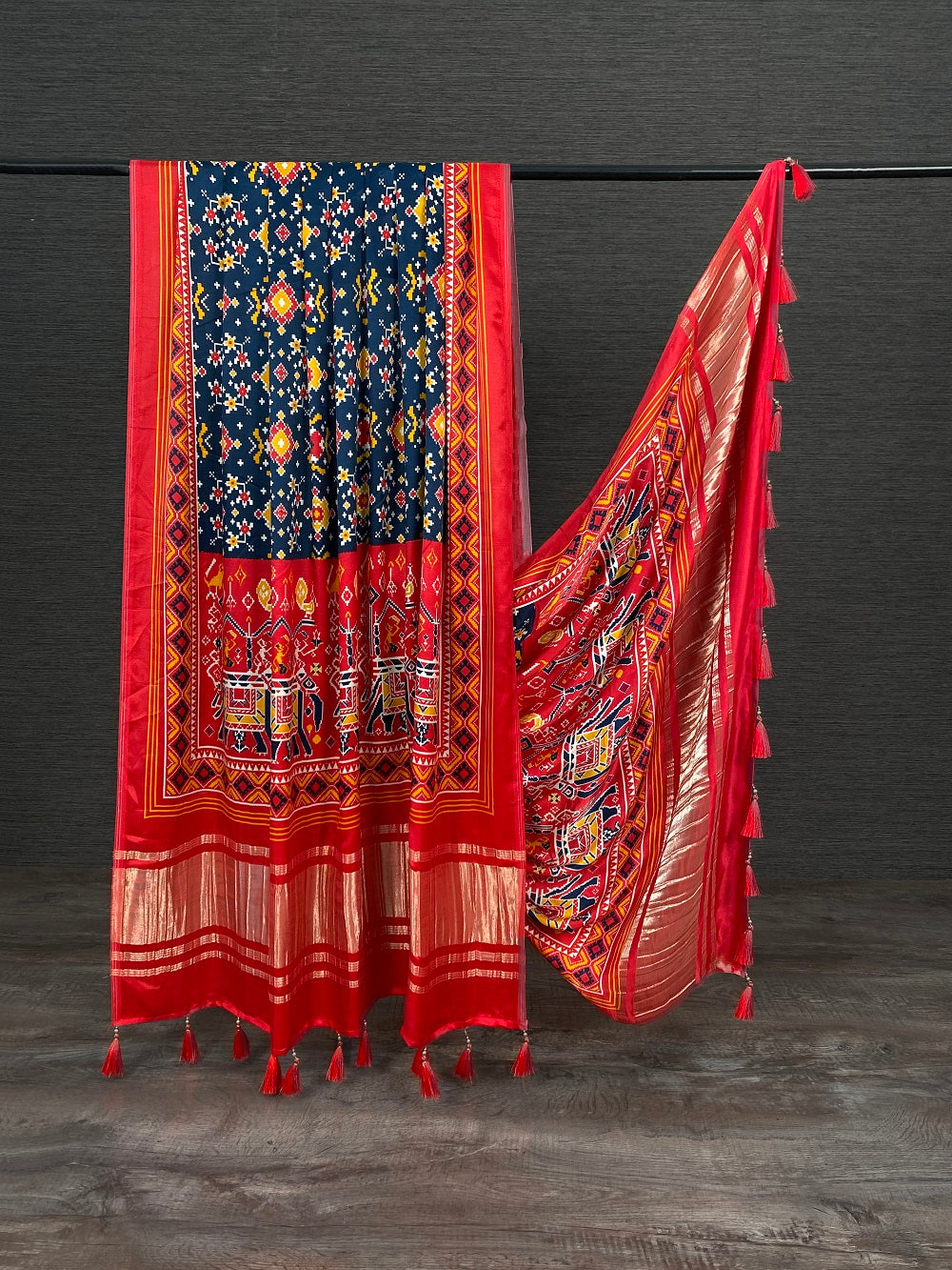 Multicolour patola printed Gaji silk dupatta with tassels