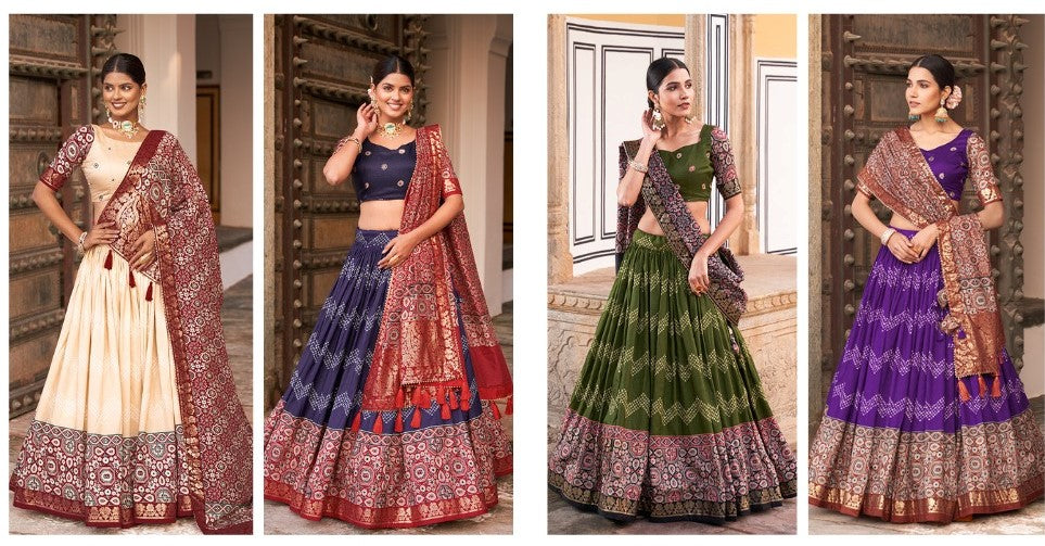 Lehenga choli, Tussar silk, Ajarakh print, traditional Indianwear, ethnic wear, festive wear, party wear, wedding wear, online shopping, affordable luxury
