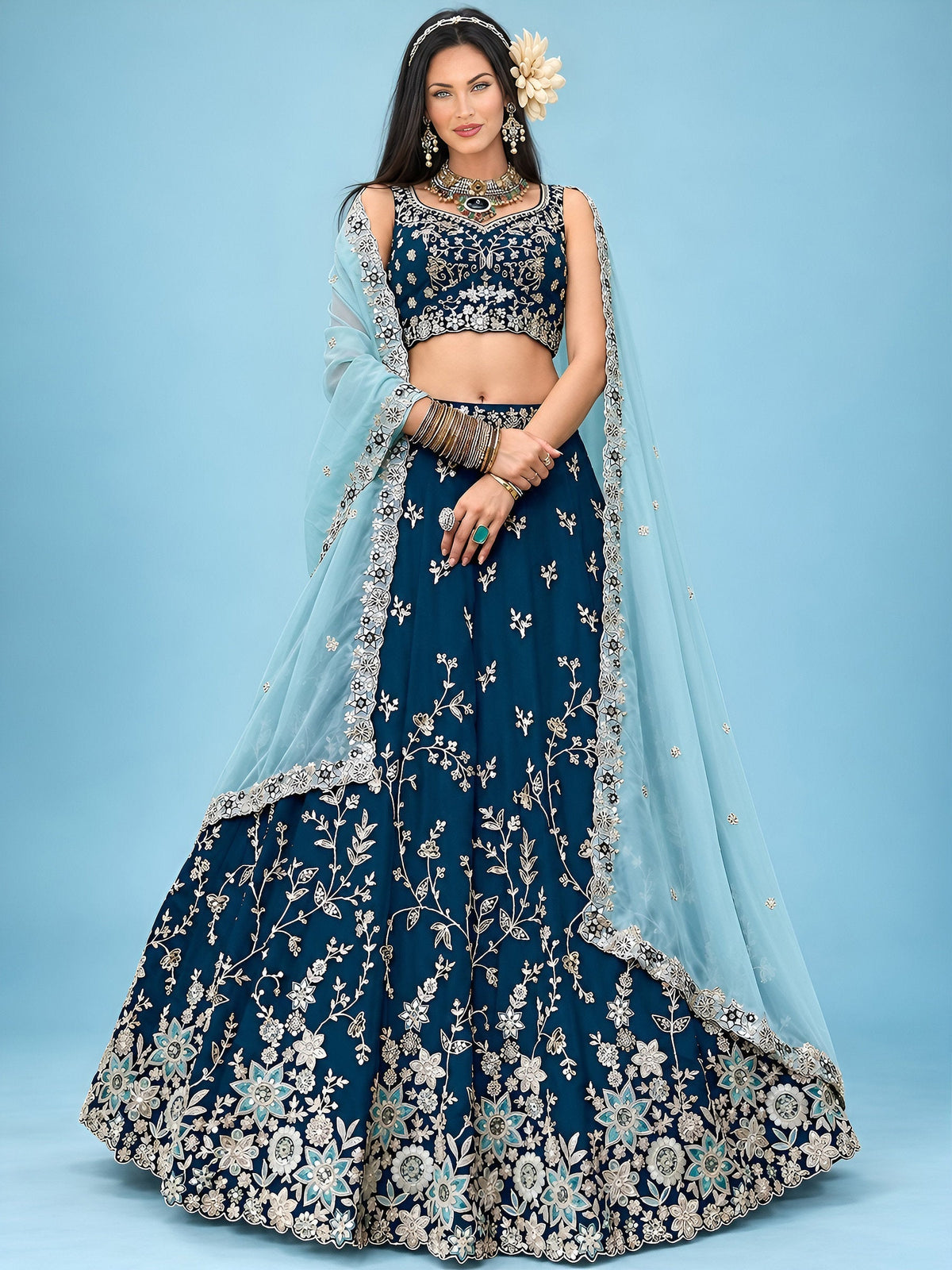 handbag with embroidered lehenga styling – Blue Rangoli Silk Embroidered Lehenga Choli With Dupatta