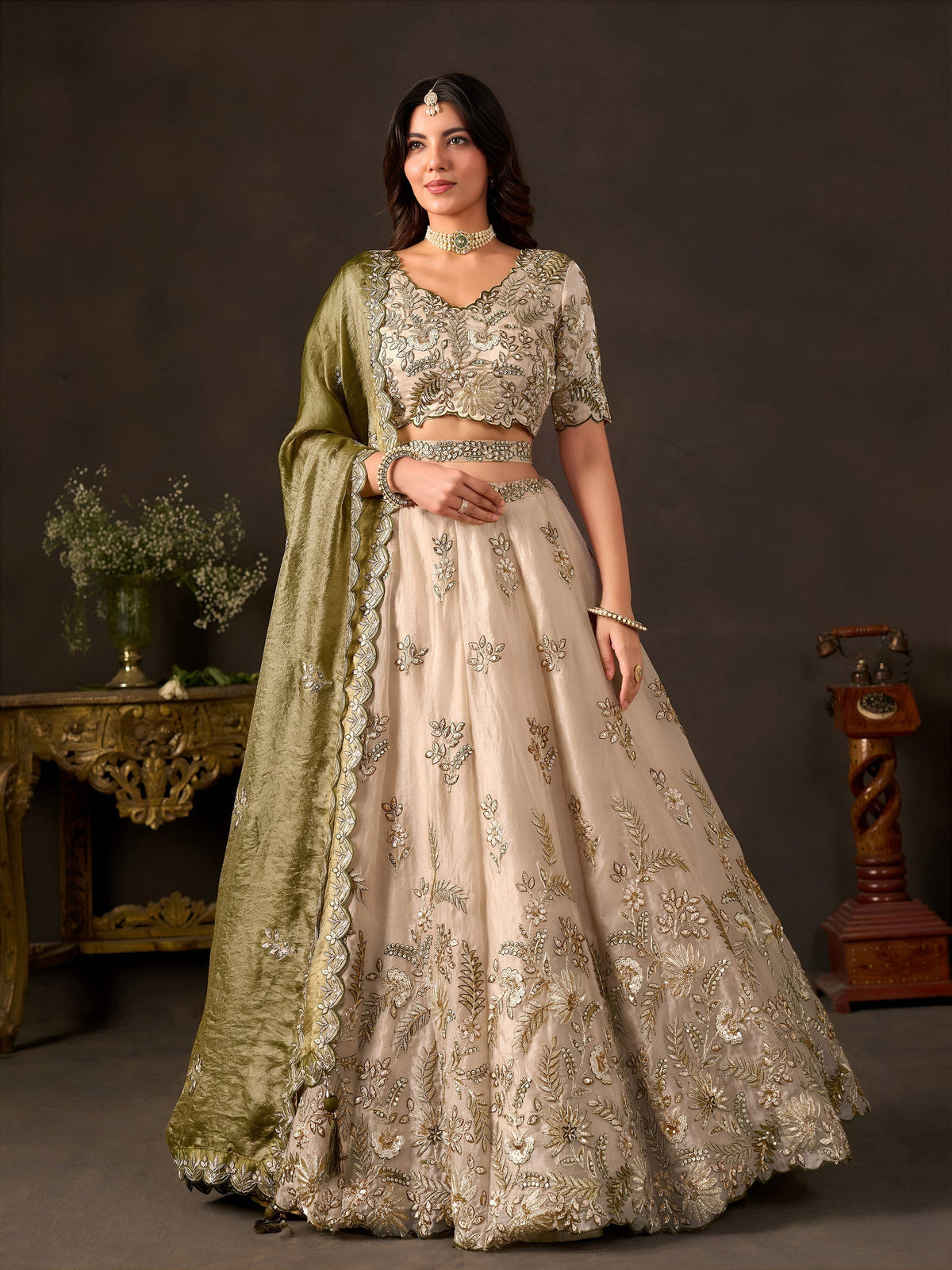 diwali house party outfit ideas – Olive Gold Fendy Fabric Embroidered Lehenga Choli With Dupatta