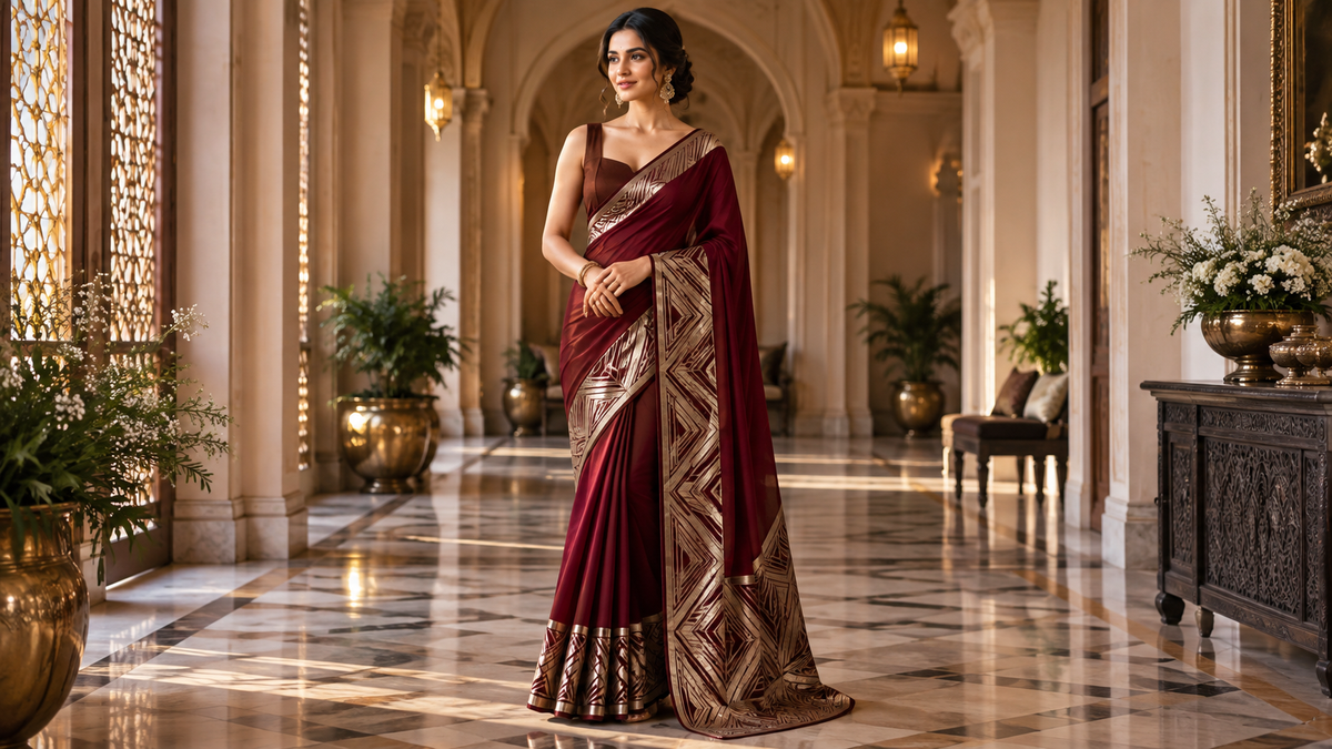 Art Deco saree styling 2026 with maroon geometric border, structured blouse and modern evening accessories
