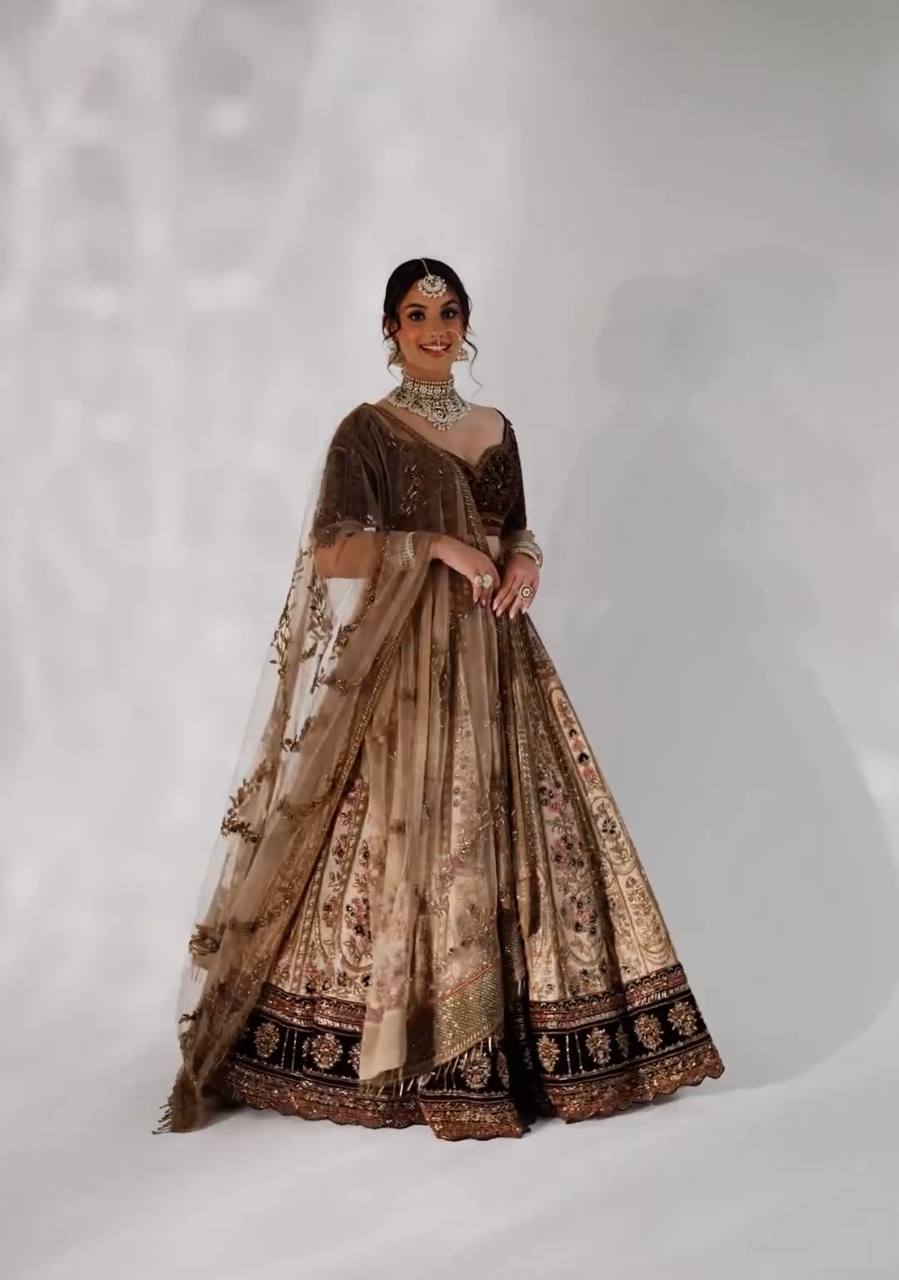 Beige silk lehenga illustrating panel construction, seam placement and flare distribution