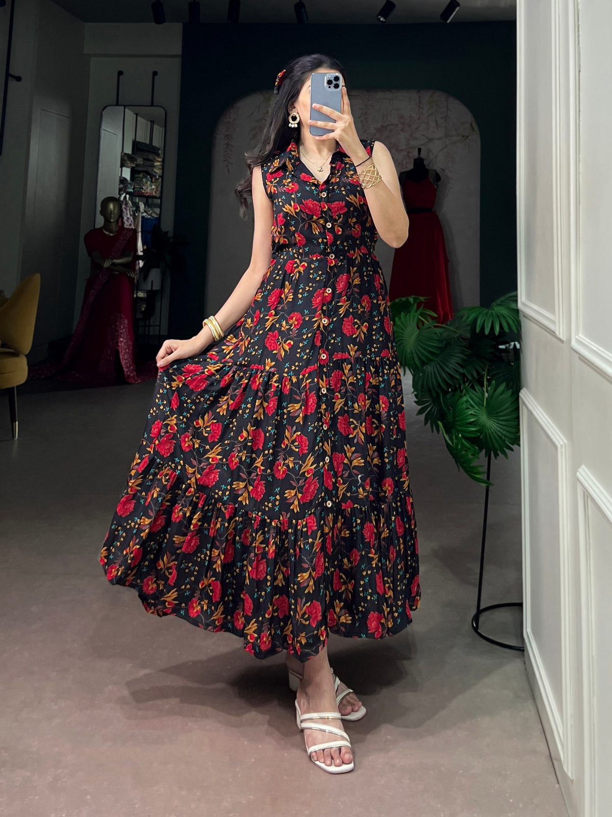 Black Printed Silk Gown with Bow Clip ClothsVilla