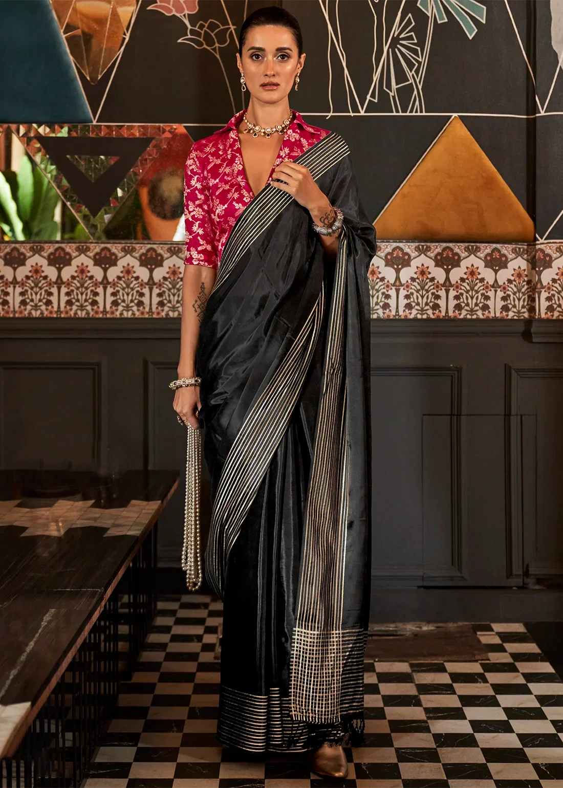 Black blended silk saree styling for receptions and evening parties