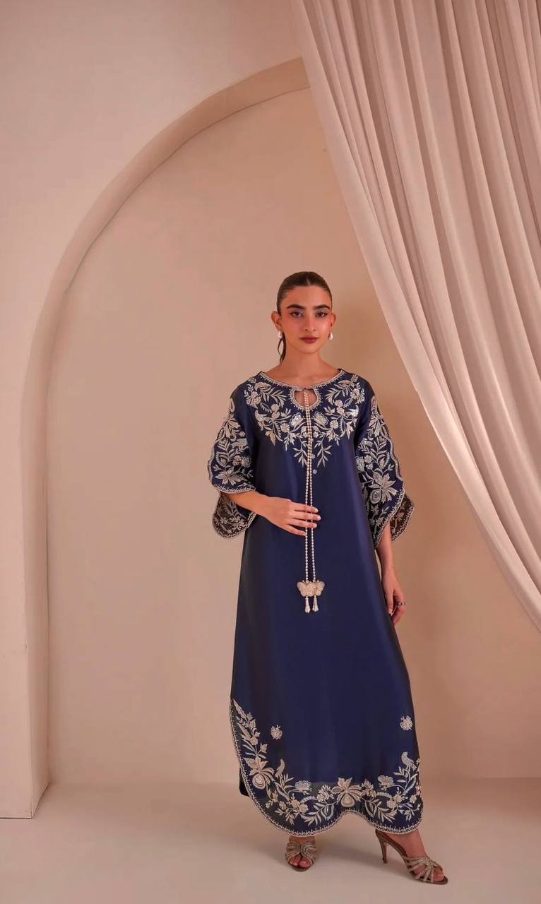 Blue Satin Rayon Kaftan Set - satin rayon kaftan set for women