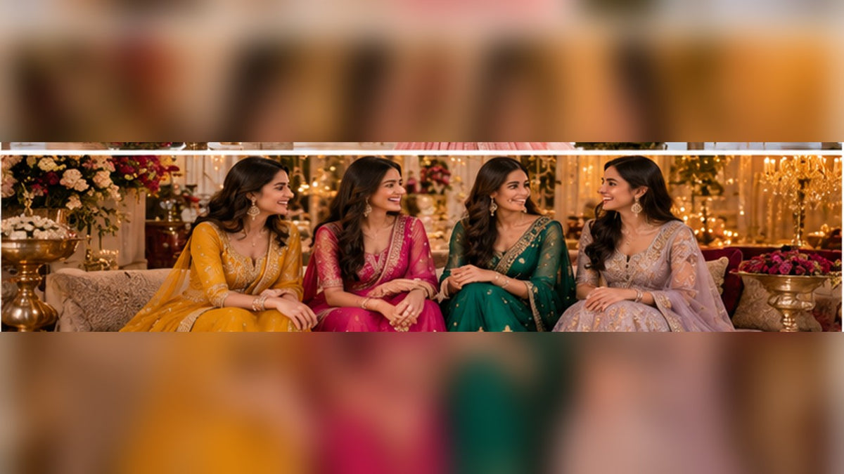Illustrative Indian occasion-wear editorial photograph, not an exact ClothsVilla catalogue item