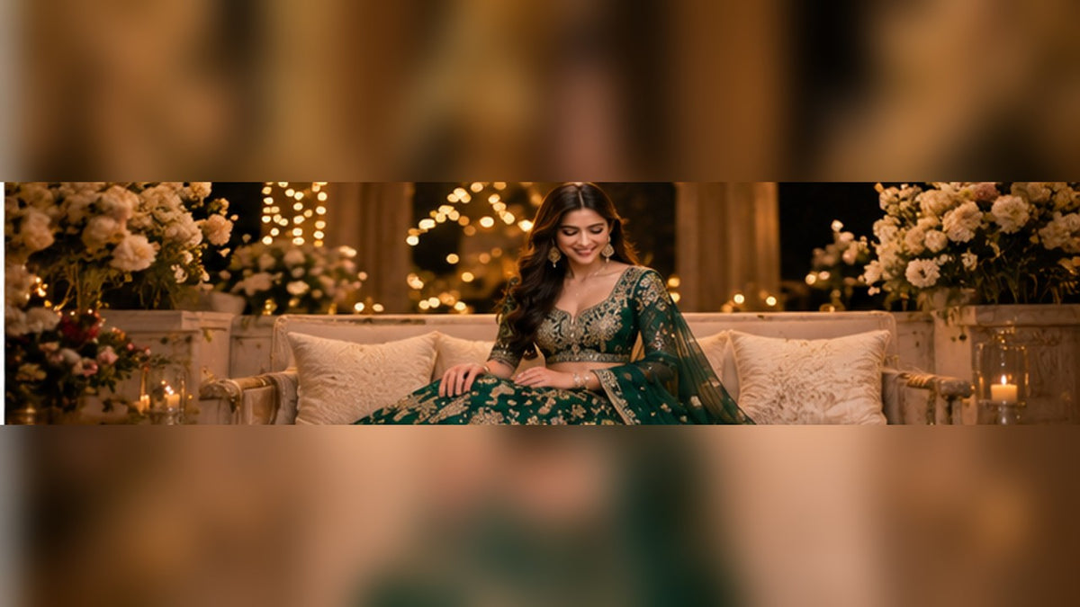 Indian ethnic fashion editorial for printed organza wedding outfit comparison; illustrative composition, not a ClothsVilla product photo