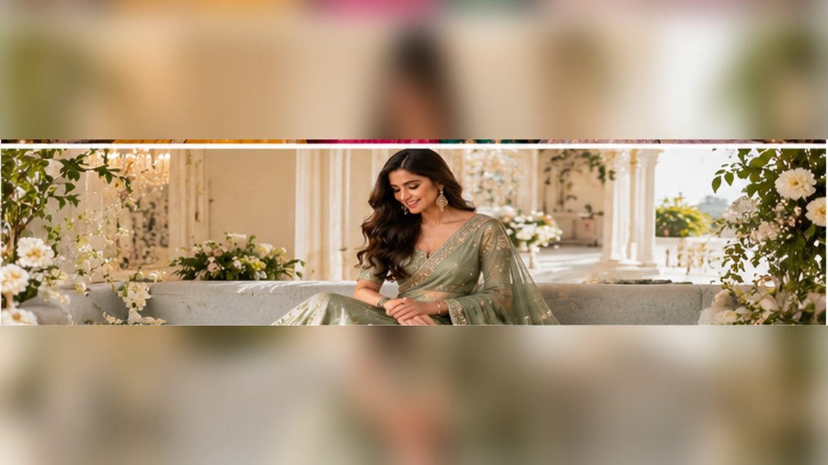Illustrative Indian occasion-wear editorial photograph, not an exact ClothsVilla catalogue item