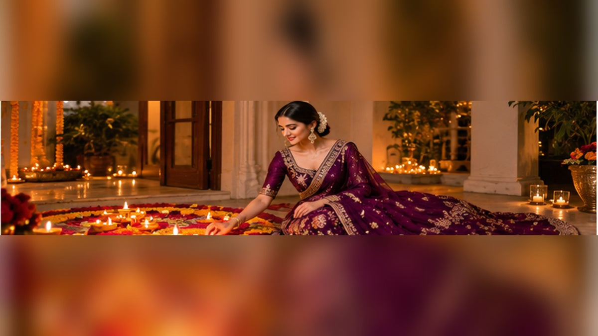 Conceptual festive fashion editorial showing Indian occasion-wear styling, not a particular store product