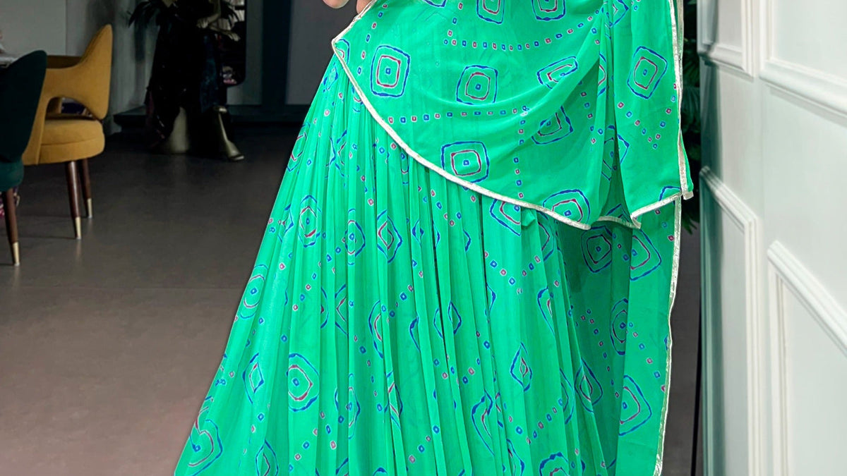 Court marriage outfit ideas with Aqua Green Bandhej Print Lehenga Choli from ClothsVilla