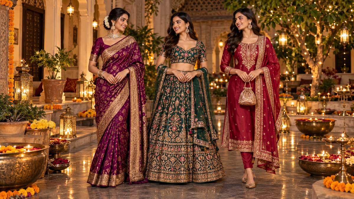 Diwali outfit planner 2026 with festive saree, lehenga, salwar suit and gown styling